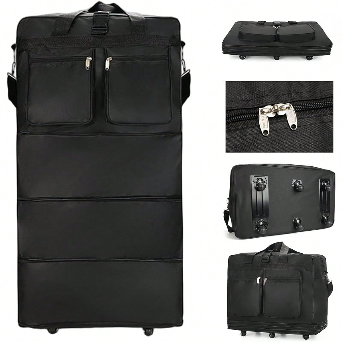 Foldable Rolling Luggage Bag - Black Rolling Travel Duffel Bag With